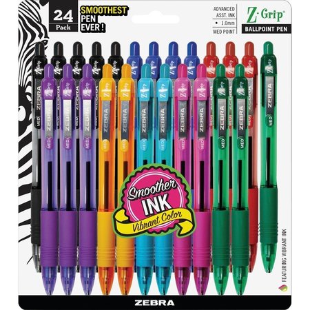 ZEBRA PEN Ballpoint Pen, Retract, Med Pt, 24/PK, Clear Barrel/Ast Ink PK ZEB12223